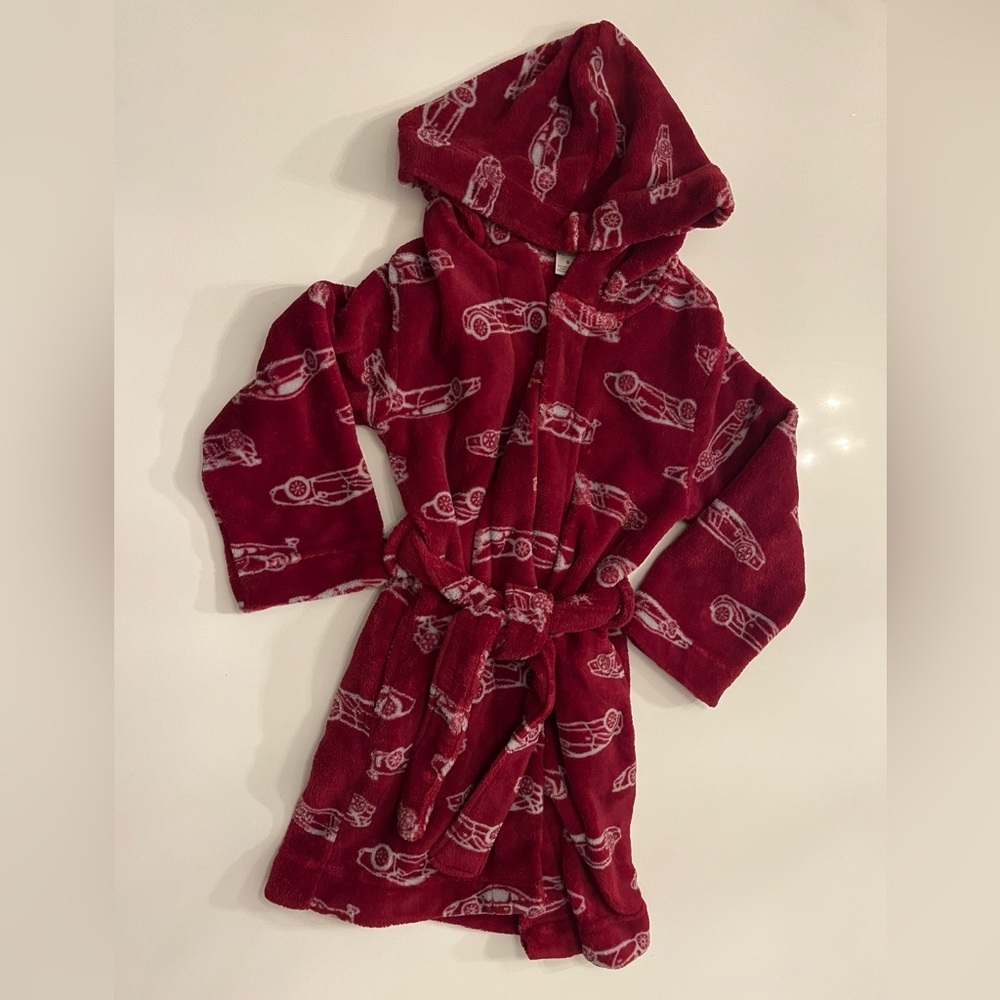 Boys Red Bath Robe w/Vintage Car Print Size: 6